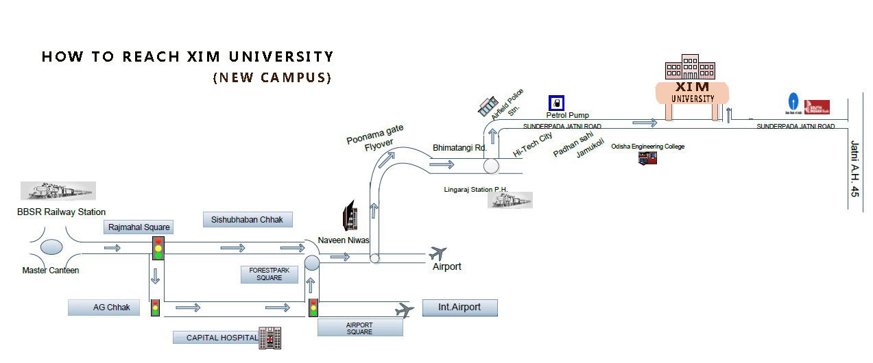 Route map showing how to reach XIM University new campus from Bhubaneswar railway station and the airport